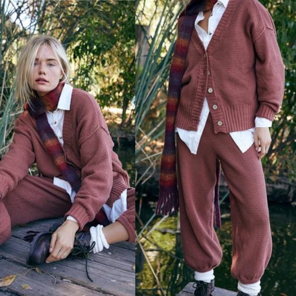 Free People Canyon Sunset Hailee Cardi Waffle Knit Jogger Set